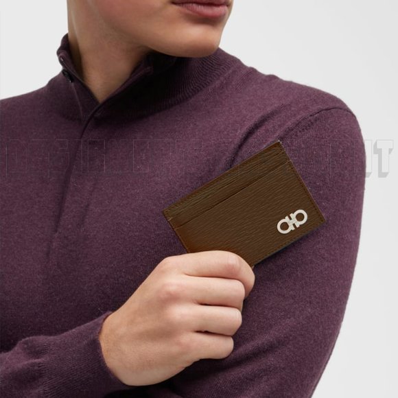 SALVATORE FERRAGAMO brown/blck REVIVAL leather GANCINI Flip-out ID card case NIB - Picture 8 of 8